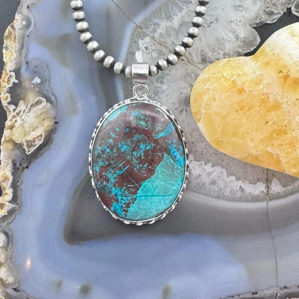 Sterling Silver Southwestern Style Large Oval Green Turquoise Pendant For Women - Picture 2 of 10